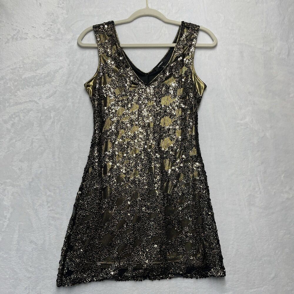 EXPRESS Gold Sequin Mini Tank Cocktail Dress Women XS Vneck Black Party New Year